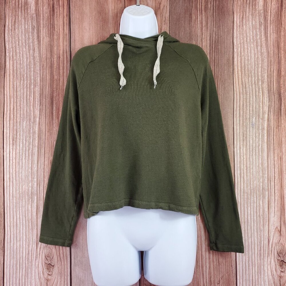 Monrow Womens Size XS Cropped Pullover Hoody Chevron Drawcord Green Soft